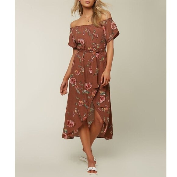 NWT O'Neill Off the Shoulder Tie Waist Dress Cognac Floral Print XS - Picture 1 of 6